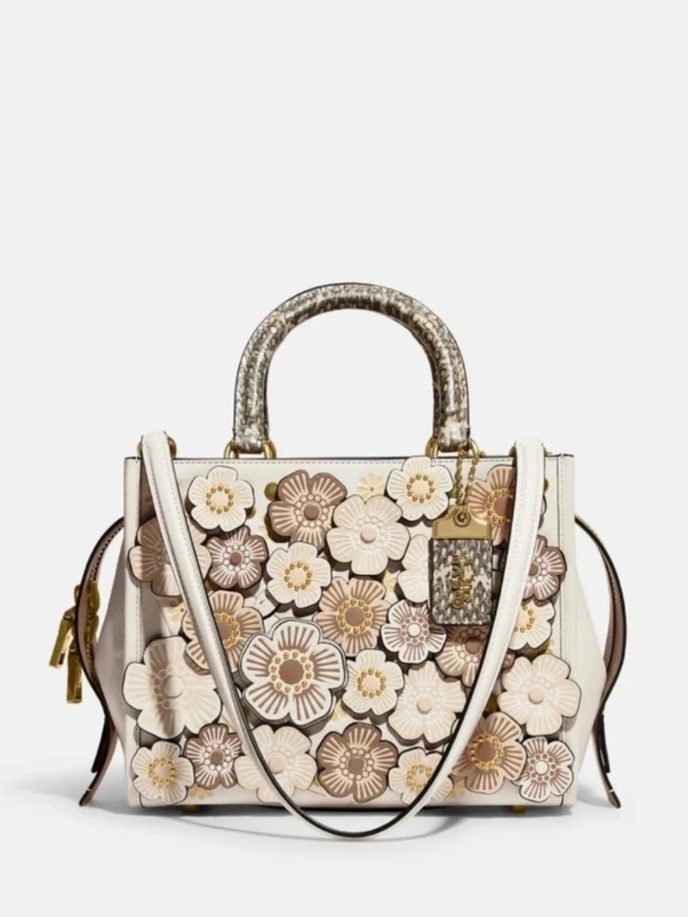 Coach Cream and Tan Tea Rose Floral Satchel (Large)